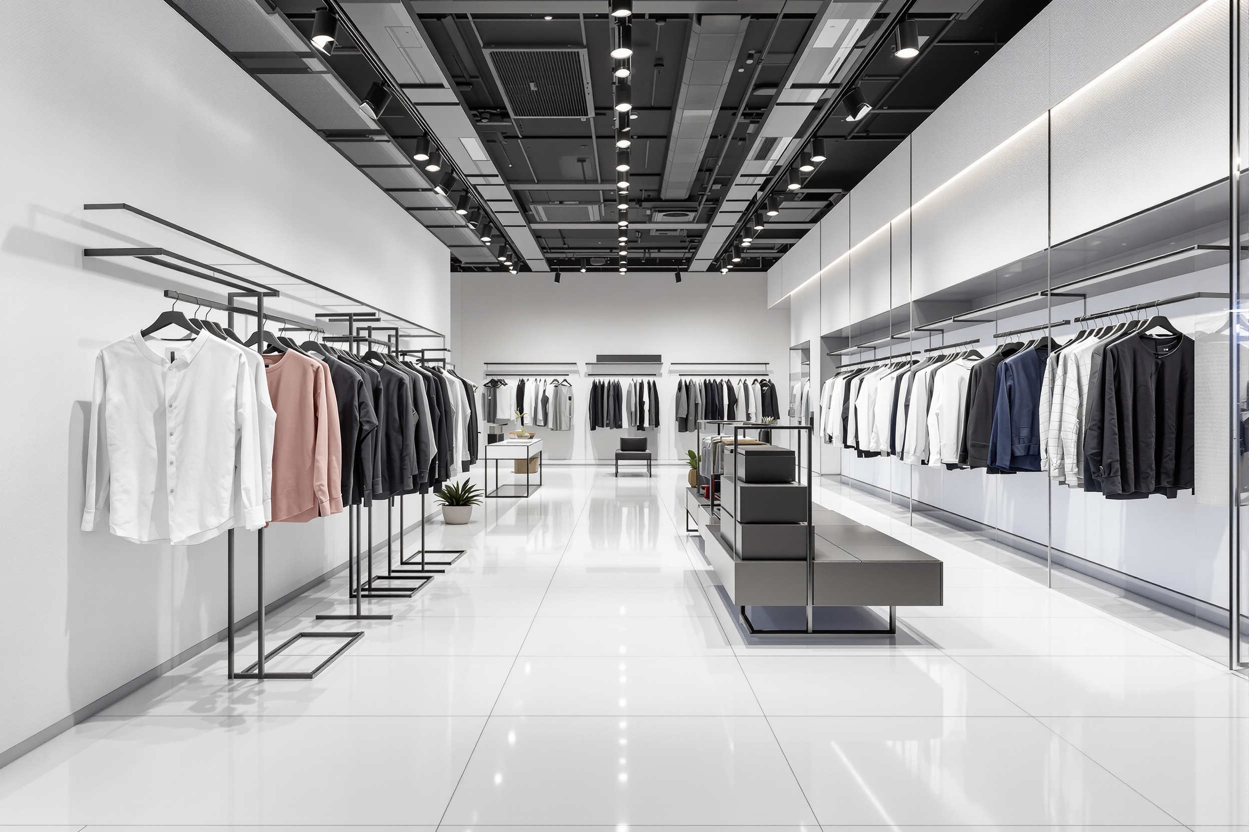 Tienda de ropa con piso epóxicos blanco impecable