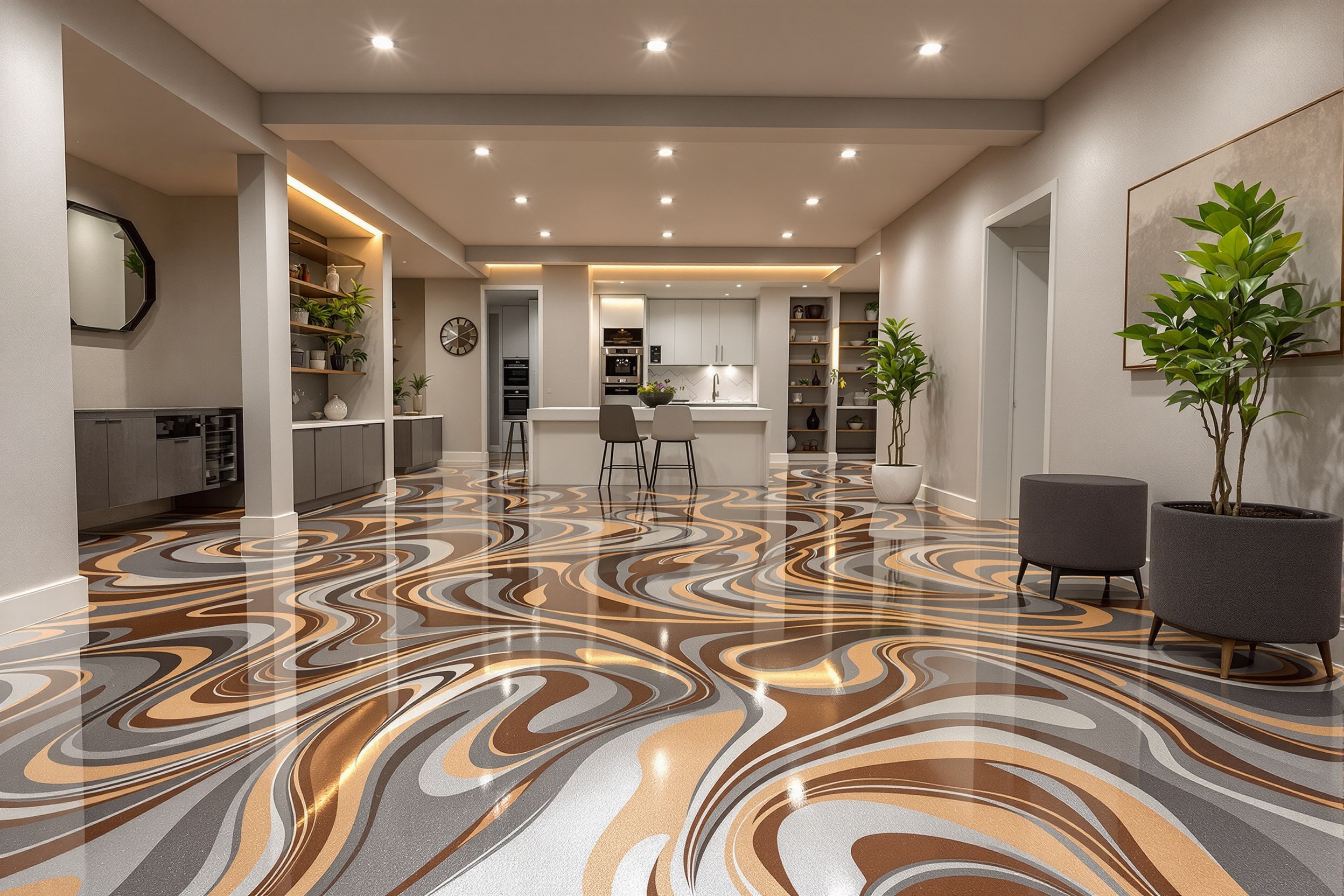 Piso metálico epóxicos en interior residencial moderno