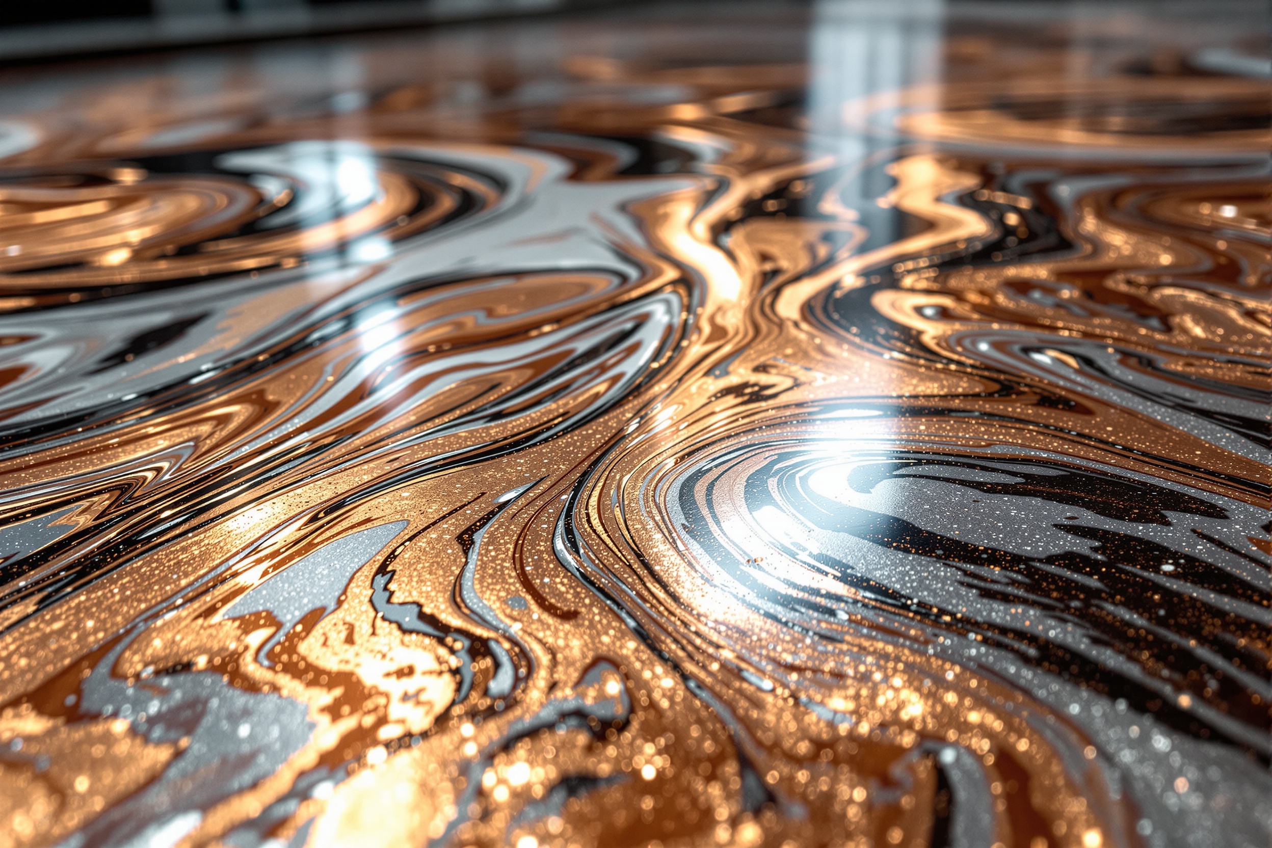 Piso epóxico metálico con remolinos cobre y plata en Hermosillo